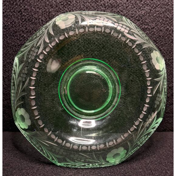 Uranium Glass Bowl Vaseline Glass Floral Etched Rolled Edge Glows Green UV 12in - Picture 7 of 9